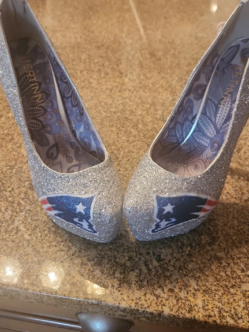 PATRIOTS Football Logo Shoe Republic LA Silver Glitter High Heels with Team Logo